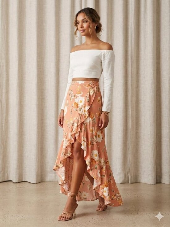 Forever 21 Dresses & Skirts - NWT. Forever 21 Coral Peach Floral Chiffon High-Low Ruffle Skirt M